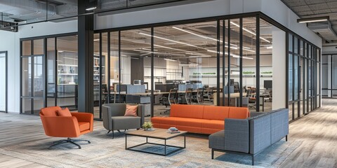 A contemporary corporate office showcasing a mix of open work areas and private offices, designed for efficiency and productivity