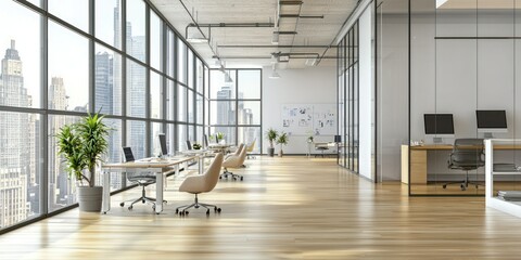 A contemporary corporate office showcasing a mix of open work areas and private offices, designed for efficiency and productivity