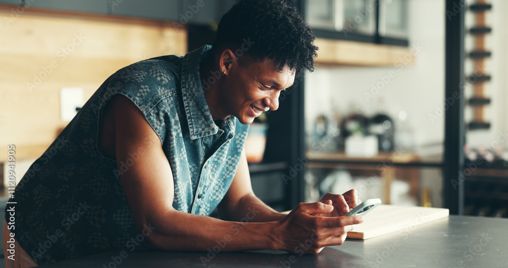Poster smile, typing and man in kitchen with phone for social media meme, online chat or search on website.