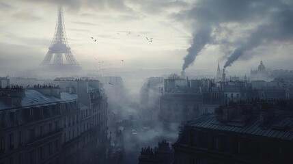 A misty cityscape featuring the Eiffel Tower and industrial elements.