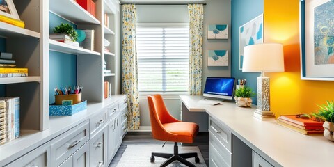 A functional home office with a dedicated workspace, bright colors, and efficient storage solutions for a productive environment