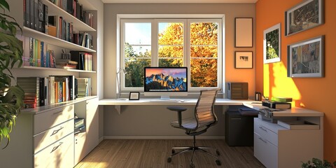 A functional home office with a dedicated workspace, bright colors, and efficient storage solutions for a productive environment