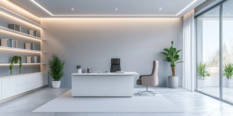 A minimalist office layout with clean lines, neutral colors, and efficient storage solutions, promoting a calm working environment