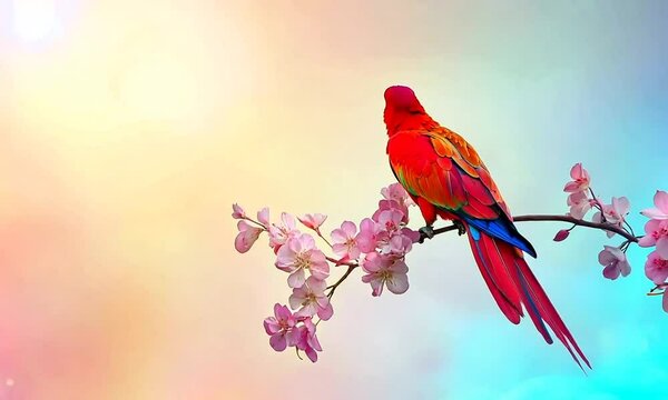 crimson rosella bird on sakura branch at nature background	
