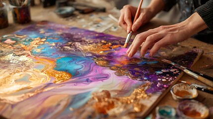 Obraz premium A close-up of hands working on a creative art project, painting a canvas with abstract designs and blending different shades of paint on a wooden table surrounded by crafting tools 