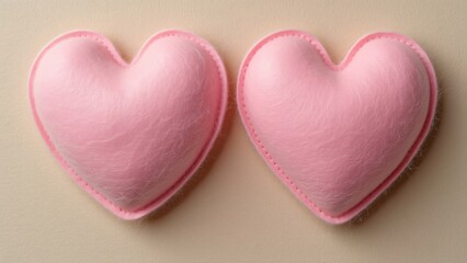 Fototapeta premium Two Pink Felt Hearts on Beige Background, Romantic Valentine's Day Decor, Handmade Crafts, Cute Love Symbols