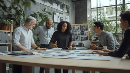 A diverse team of architects and designers collaborates around a large table, reviewing blueprints and discussing a project. Natural light illuminates their modern, plant-filled workspace.
