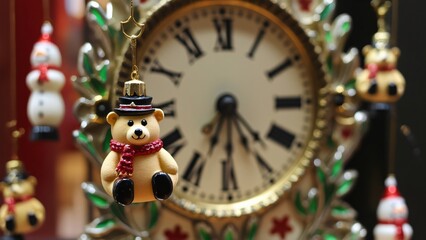 Ornamental Glass Clock with Bear & Snowman Ornaments, Museum Display