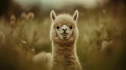 Alpaca with a toothy grin-like expression, standing in a green meadow, soft diffused natural light