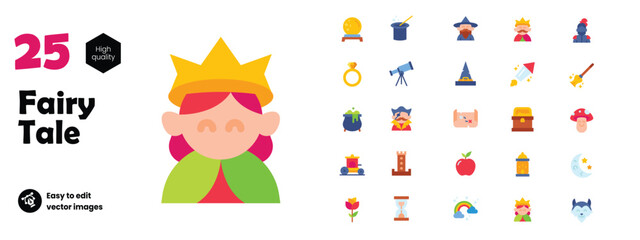 Collection set icons of fairy tale elements, icons and illustrations, flat style