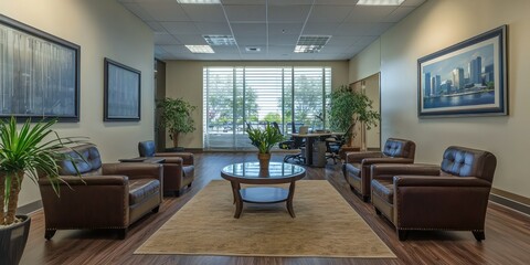 Fototapeta premium A polished corporate office featuring a professional layout, sophisticated furniture, and branding elements throughout the space