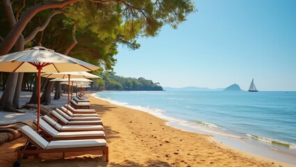 Fototapeta premium Serene Beach Scene, Lounge Chairs, Umbrellas, and Calm Blue Waters - Perfect Summer Vacation
