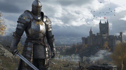 Knight in full armor with a sword, standing confidently in a medieval landscape with a castle and cloudy sky