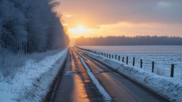 Stunning Winter Sunset, Snow-Covered Road to Ust-Luga, Russia