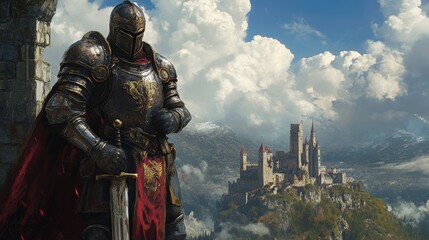 Naklejka premium Knight in full armor with a sword, standing confidently in a medieval landscape with a castle and cloudy sky