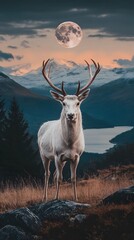 Fototapeta premium A majestic white deer with perfect antlers, on the mountain and the beautiful view of the full moon at night