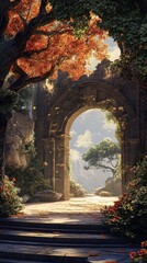 Fototapeta premium Enchanted Archway: A Journey Through Autumnal Ruins