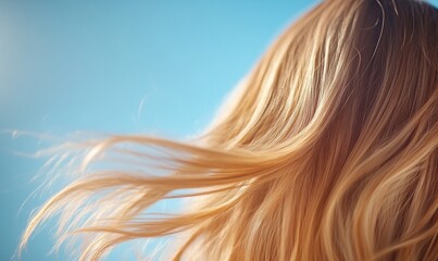 Naklejka premium A close-up view of flowing hair against a clear blue sky.