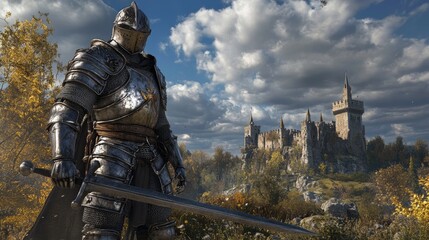 Naklejka premium Knight in full armor with a sword, standing confidently in a medieval landscape with a castle and cloudy sky
