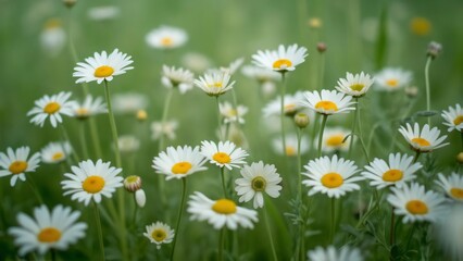 Obraz premium Enchanting Field of Daisies, Tranquil White Flowers in Soft Focus, Blooming in Lush Green Meadow