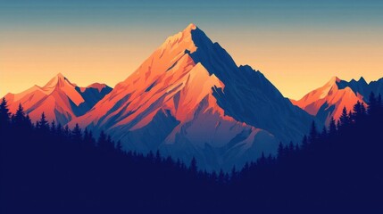 A stylized mountain landscape at sunset, showcasing vibrant colors.