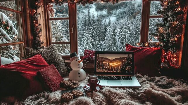 Cozy Christmas Cabin Winter Wonderland Laptop View