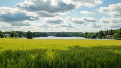 Serene Swedish Landscape, Sunlit Wheat Field, Lake, and Houses