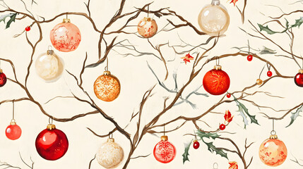 Watercolor Christmas Ornaments Hanging From Bare Branches