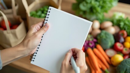 Close-up of Hands Writing Menu Ideas in Blank Notebook, Fresh Vegetables and Grocery Bags Blurred Background