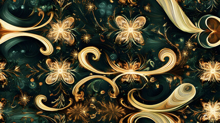 Abstract Gold and Green Floral Swirl Design