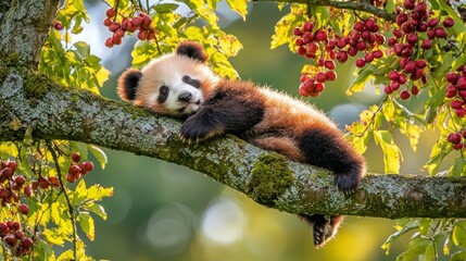 Fototapeta premium A cute panda cub lounging on a tree branch surrounded by vibrant red berries.