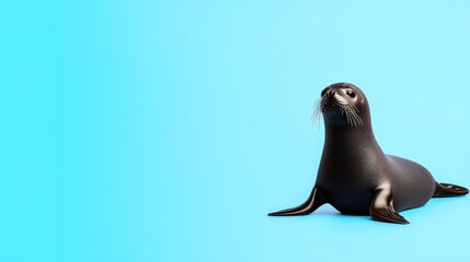 Fototapeta premium A seal resting on a smooth surface against a blue background.