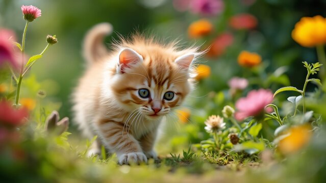 Adorable Fluffy Kitten Exploring Vibrant Flower Garden, High-Resolution Photo of a Cute Ginger Cat Playing Amongst Blossoms