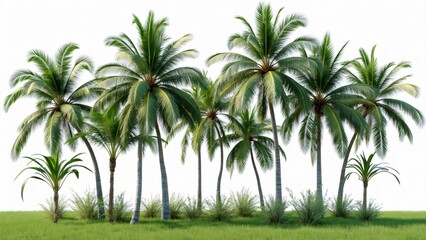 Obraz premium Lush Tropical Garden, Majestic Palm Trees in Grassy Landscape, White Background