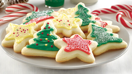 Obraz premium A plate of delicious Christmas sugar cookies, decorated with festive icing in shapes of stars and Christmas trees. Sprinkles add extra holiday cheer.