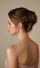 A profile view of a woman with a stylish updo hairstyle.
