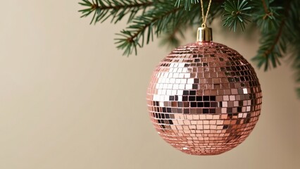 Rose Gold Disco Ball Christmas Ornament Hanging on Evergreen Branch Minimalist Beige Background