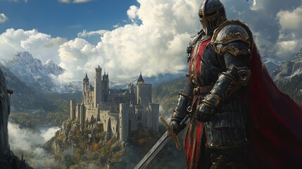 Naklejka premium Knight in full armor with a sword, standing confidently in a medieval landscape with a castle and cloudy sky