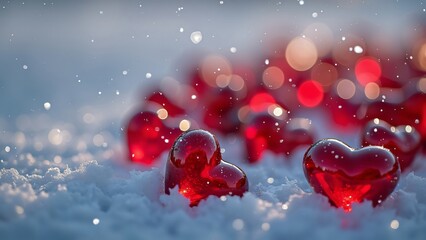 Obraz premium Romantic Red Glass Heart Beads in Sparkling Winter Snow, Valentine's Day Macro Photography