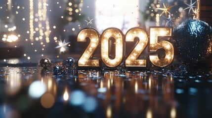 Glamorous metallic 2025 celebration setup with sparkling elements festive atmosphere close-up view