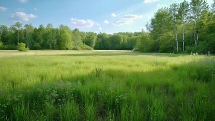 Obraz premium Serene Spring Meadow Landscape, Lush Green Grass, Birch Trees, and Open Clearing