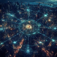 Obraz premium Vibrant Metropolis Illuminated at Night With Futuristic Holographic Network Above Creating a Stunning Contrast in the City Skyline