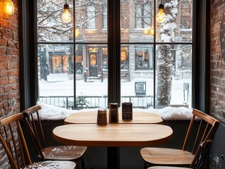 Cozy coffee shop with snowy outdoor views, vintage decor, and warm lighting, snowy vintage cafe, inviting, charming