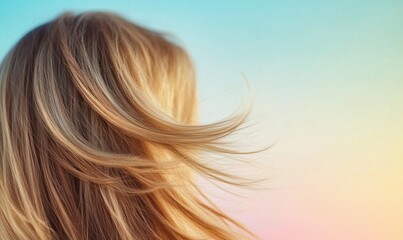 Fototapeta premium A woman?s hair flowing in the breeze against a colorful sky.
