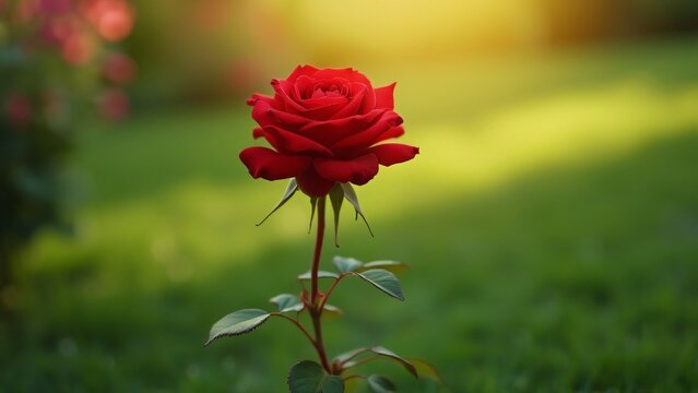 Stunning Vibrant Red Rose in Lush Garden, Ultra-Realistic 16k Photo