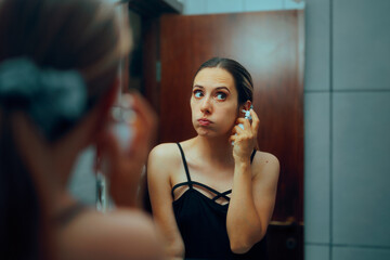 Women Taking off a hair Tie from Tangled Hair. Girl having problems with her blonde hair breaking and being frizzy
