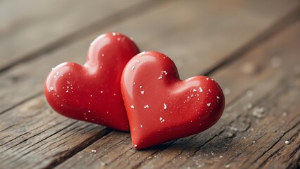 Fototapeta premium Romantic Valentine's Day Concept, Two Red Ceramic Hearts on Rustic Wooden Background with Copy Space