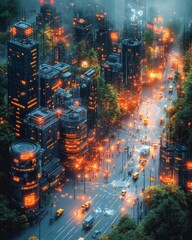 Fototapeta premium Nightfall Descends on a Vibrant Metropolis With Glowing Lights and Bustling Urban Life Amid Lush Greenery and Towering Structures