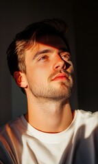 Obraz premium A young man gazing thoughtfully with warm lighting and shadows.