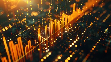 Abstract Digital Data Visualization: Glowing Orange Bars and Network